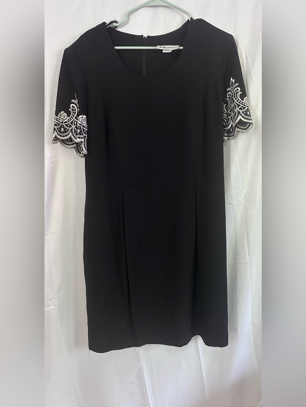 Vintage S.L. Fashions Black Midi Dress with White Lace Sleeve Detail